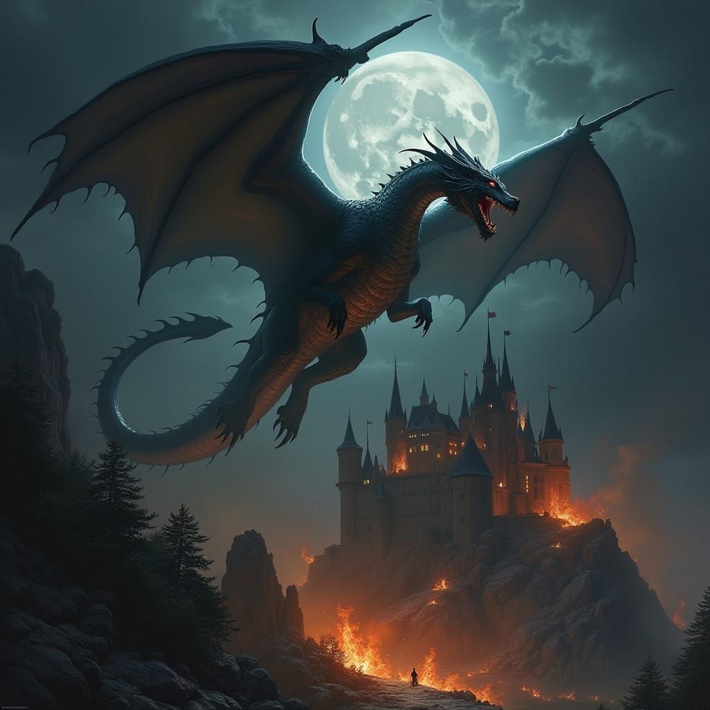 Dragon Over Burning Castle in Grim Dark Fantasy Style