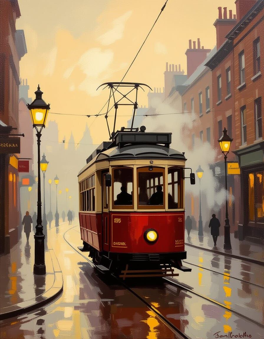 Victorian Street with Old Tram in Golden Light