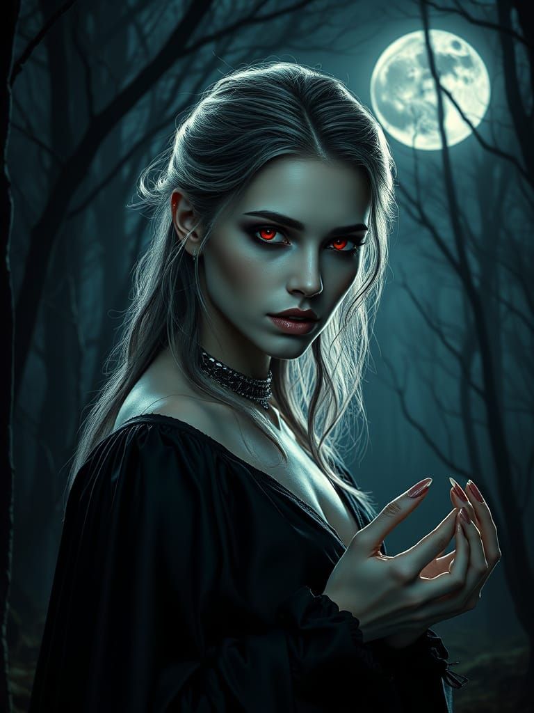 Vampire Transformation in Silver Moonlight, Hyperrealistic A...