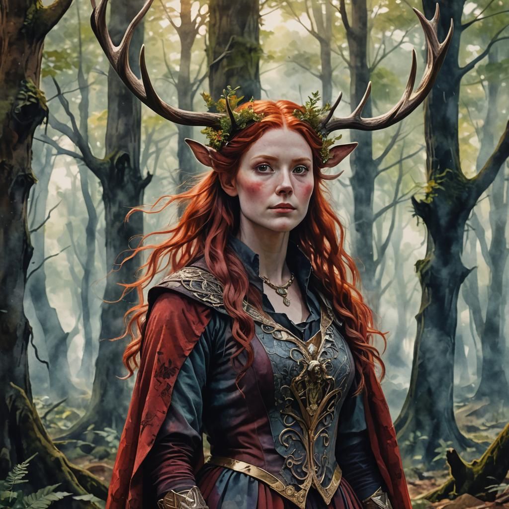 Ethereal Antlered Bard in Ancient Forest, Watercolor Portrai...