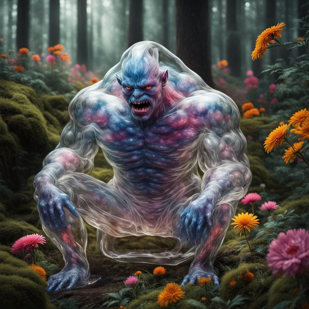 Transparent Glass Monster in Vivid Flower Forest