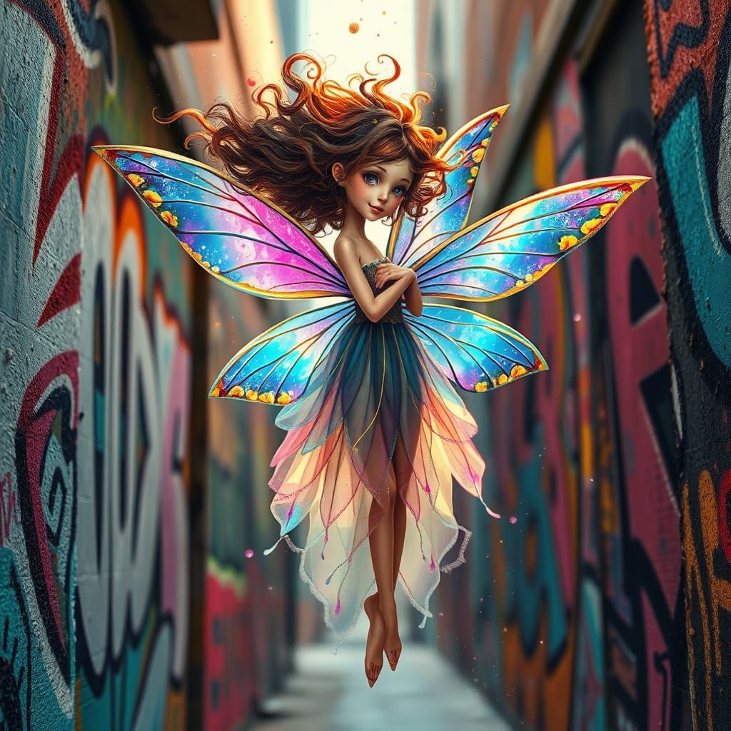 Whimsical Fairy in Urban Graffiti Kaleidoscope