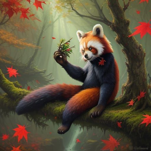 Red Panda in Autumn Forest Oil Painting