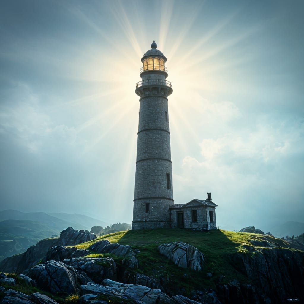 Spectacular Lighthouse on Rocky Headland in Hazy Weather