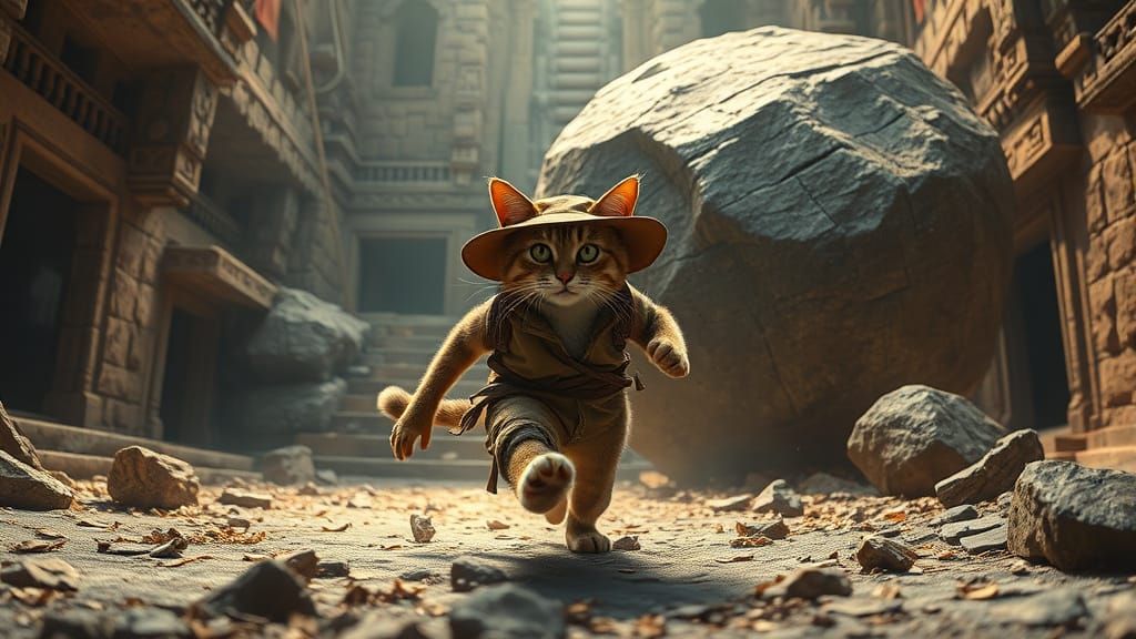 Indiana Jones Cat Escapes Boulder in Ancient Temple