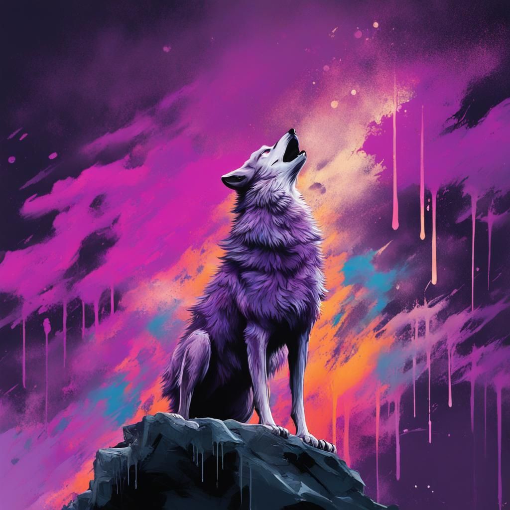 Wolf Howling at Purple Sky in Graffiti Art