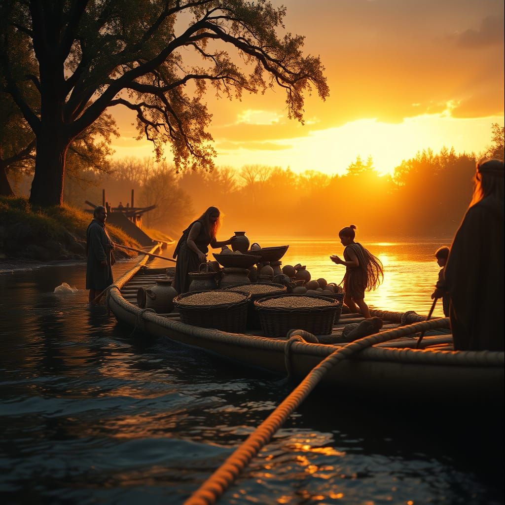 Celtic Villagers on River Raft at Sunset