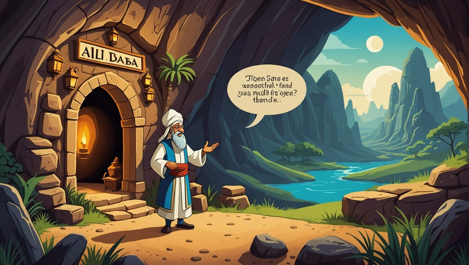 Ali Baba Saying Open Sesame: Storybook Illustration