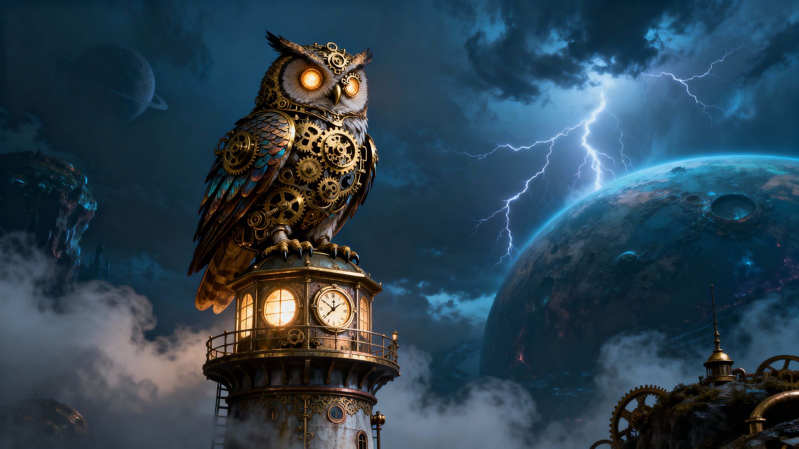 Steampunk Owl on Alien Lighthouse