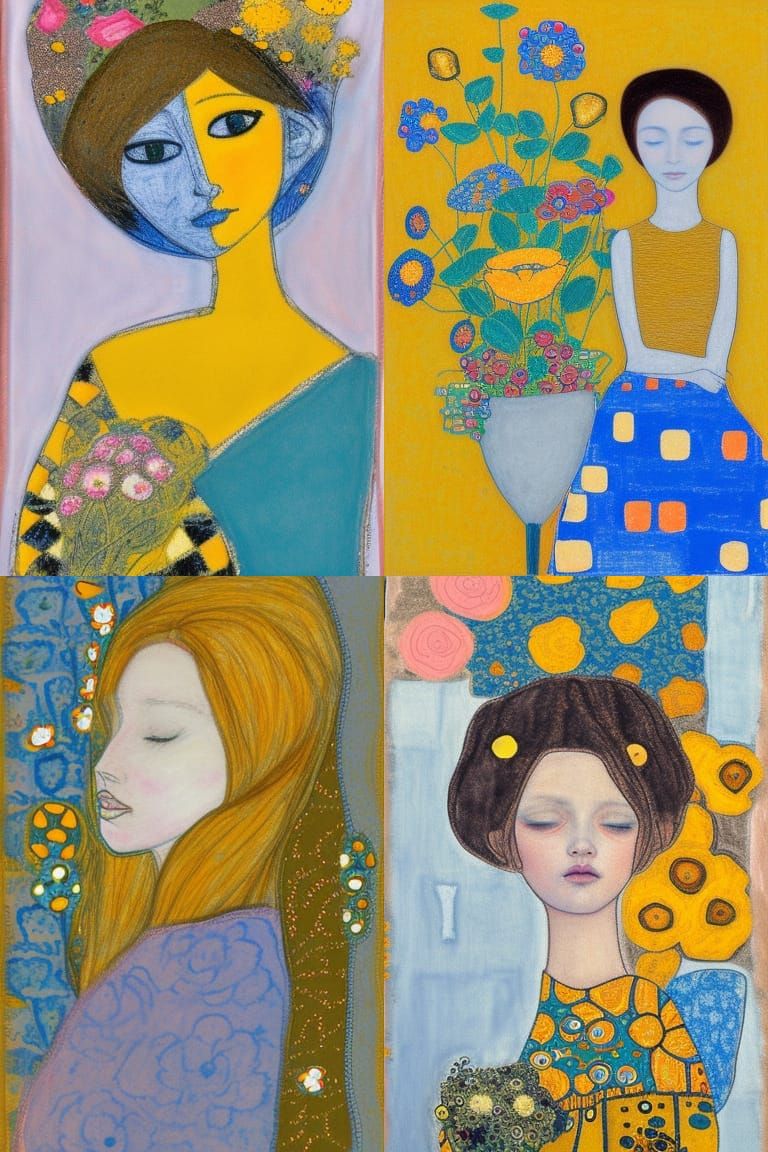 Girl Arranging Flowers in Patchwork Klimt-Inspired Style