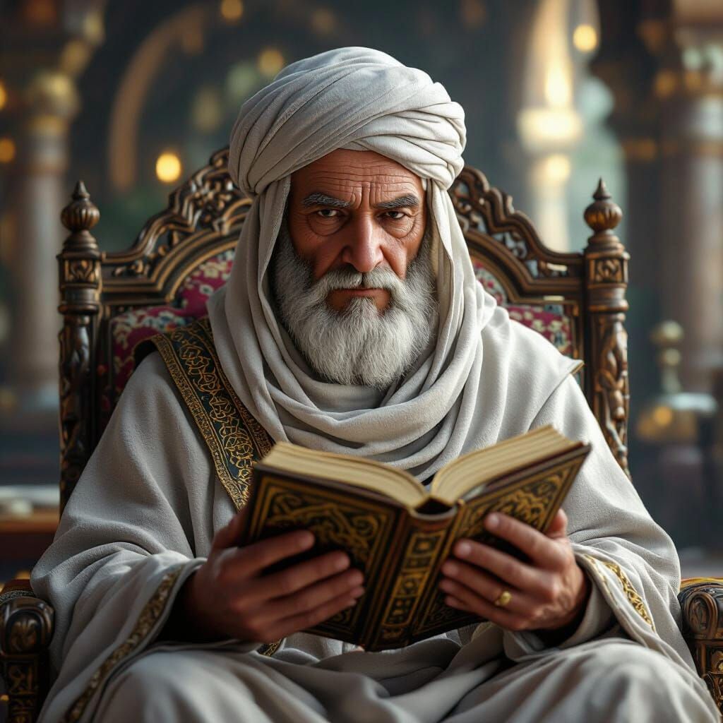 Detailed 3D Render of Elderly Man Reading Quran