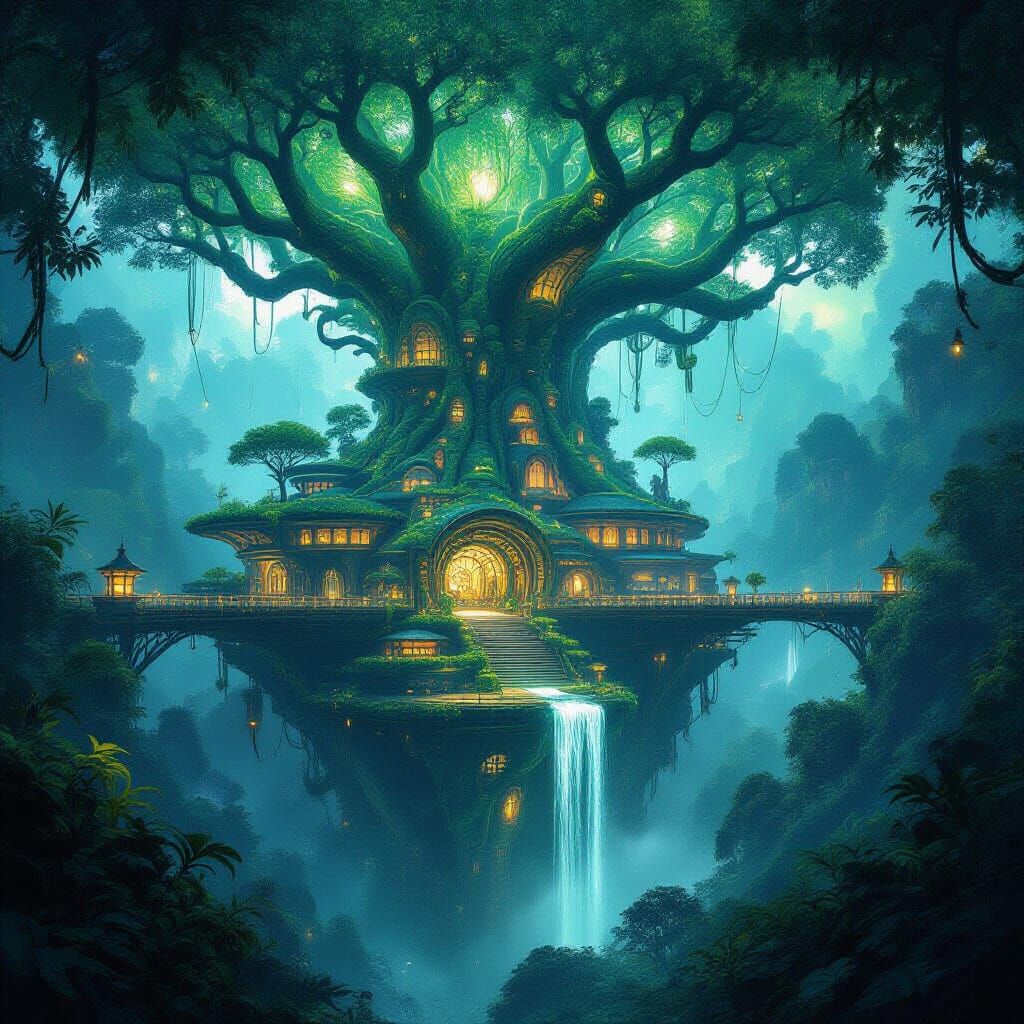 Ancient Bioluminescent Treehouse City in Lush Jungle