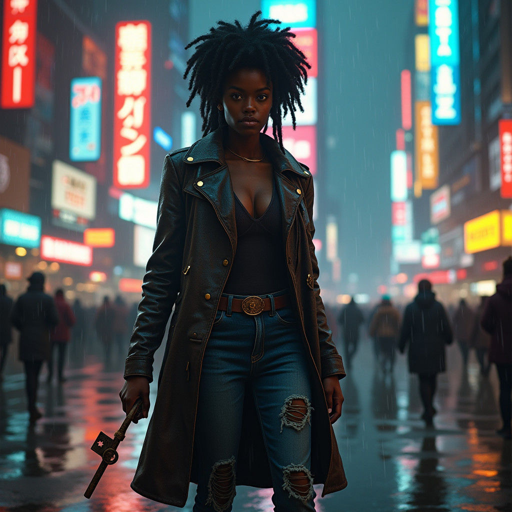 Cyberpunk Woman in Dystopian City with Key