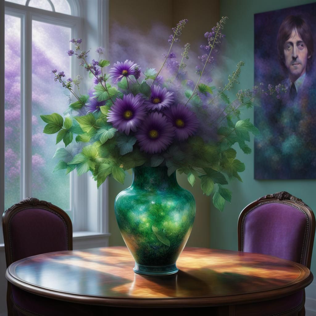 Beatles-Themed Vase with Flowers in Rembrandt Style