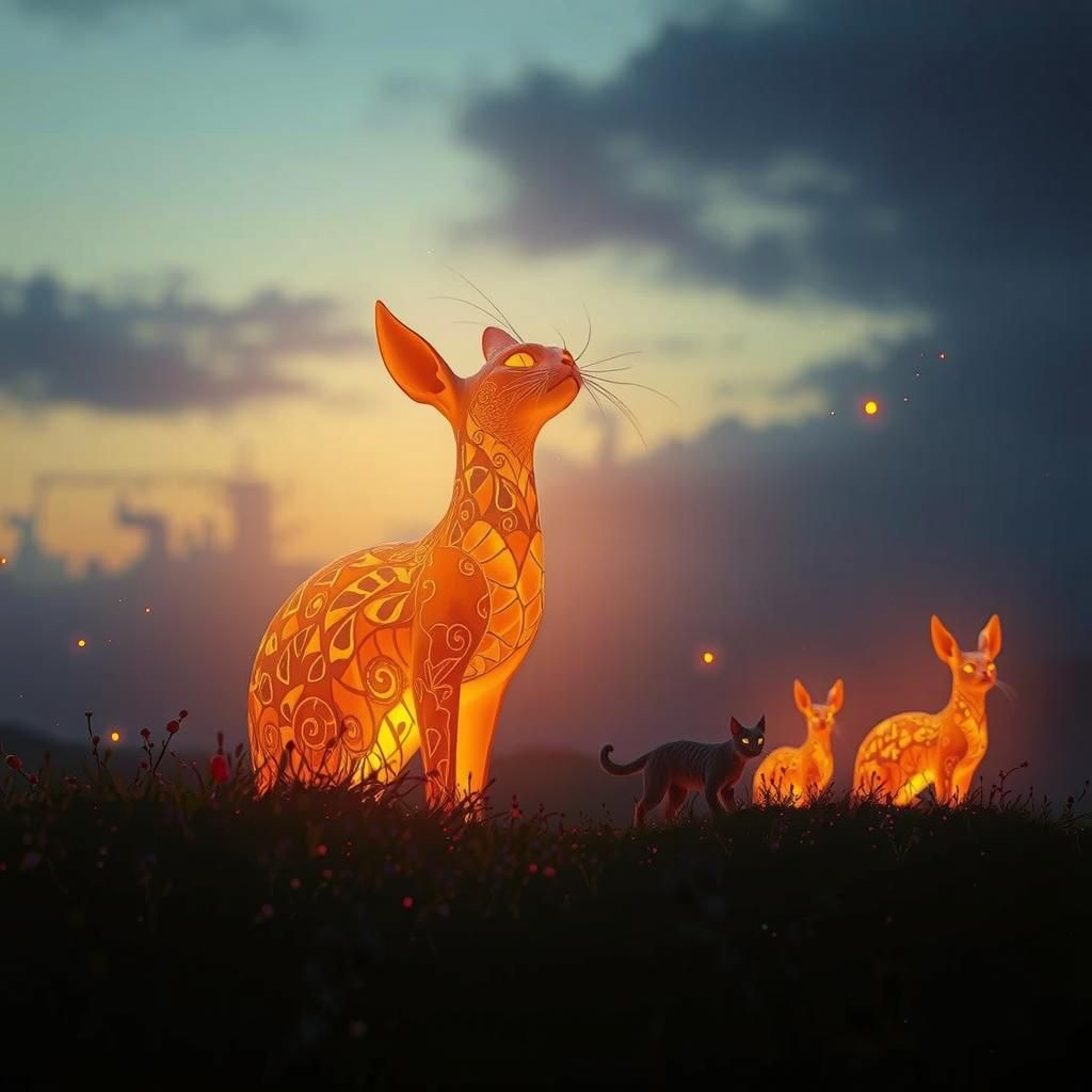 Black Cat in Magical Glowing Forest at Dusk