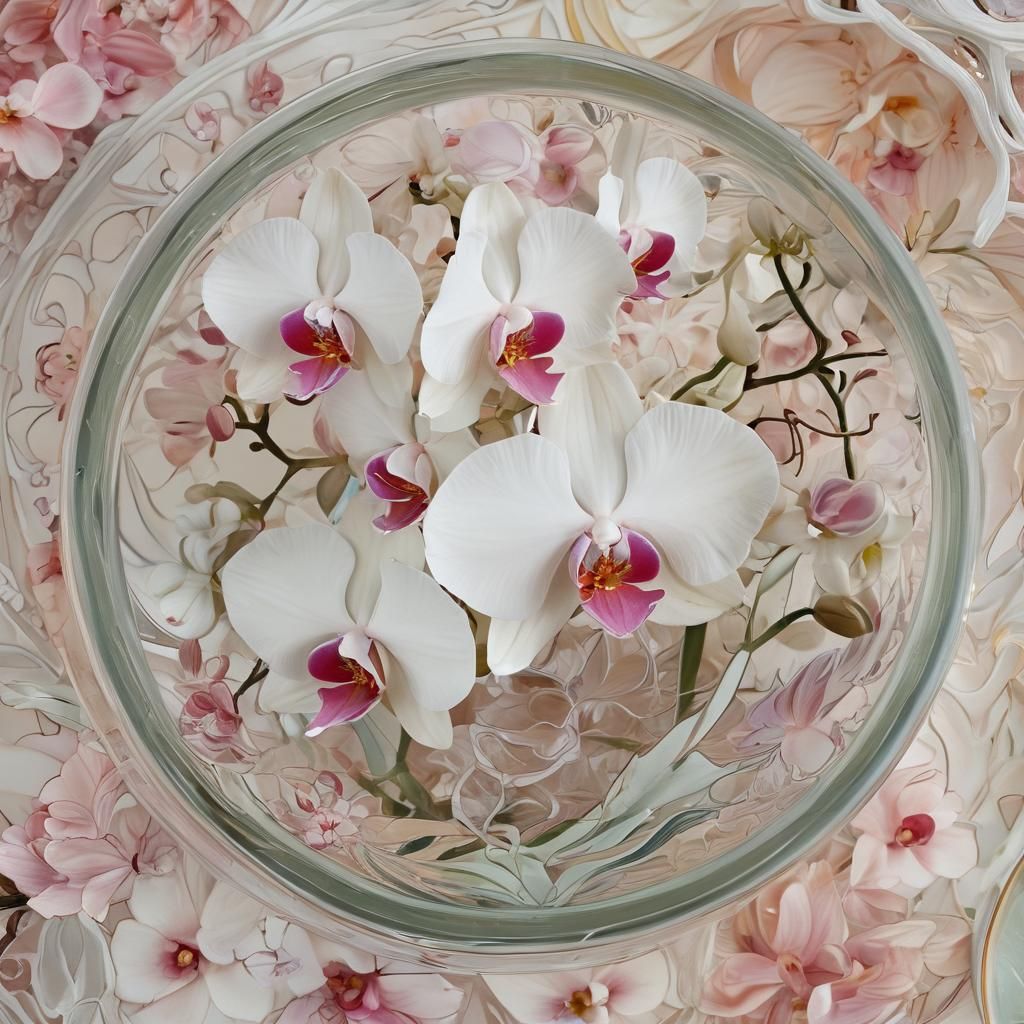 Orchids in Glass Bowl: An Art Nouveau Floral Arrangement