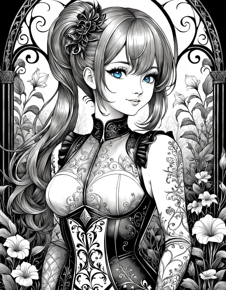 Woman in Gothic Gown in Pony Garden - Alcohol Line Art