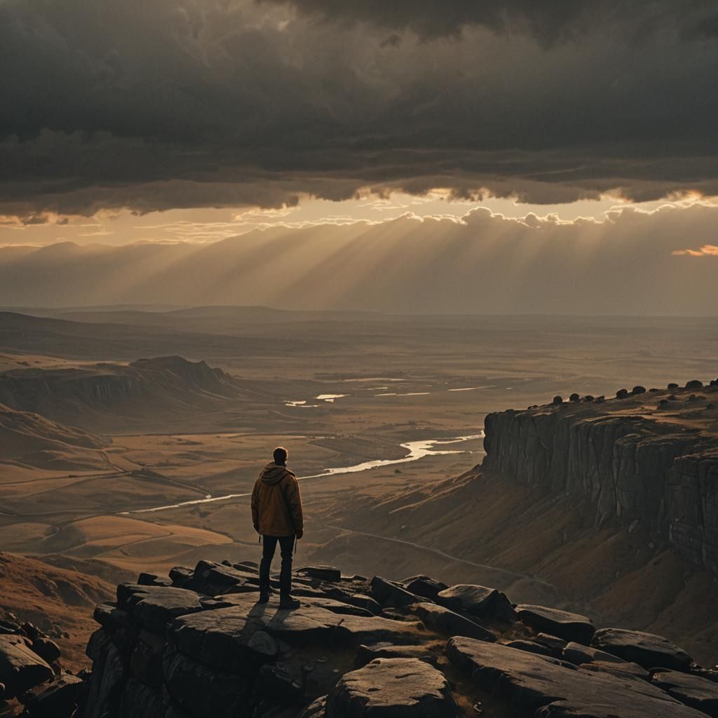 Stormy Landscape with Lone Figure in Cinematic Style