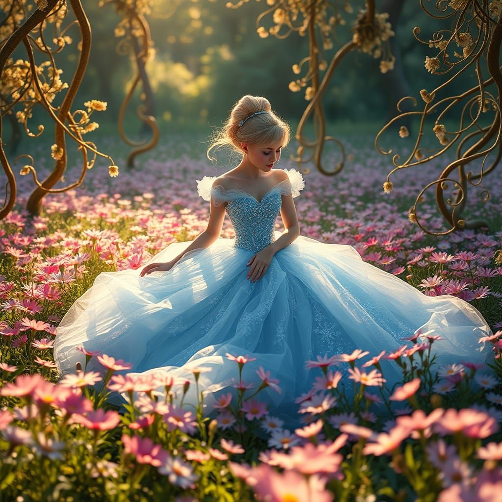 Cinderella in Enchanted Meadow, Matte Painting Style