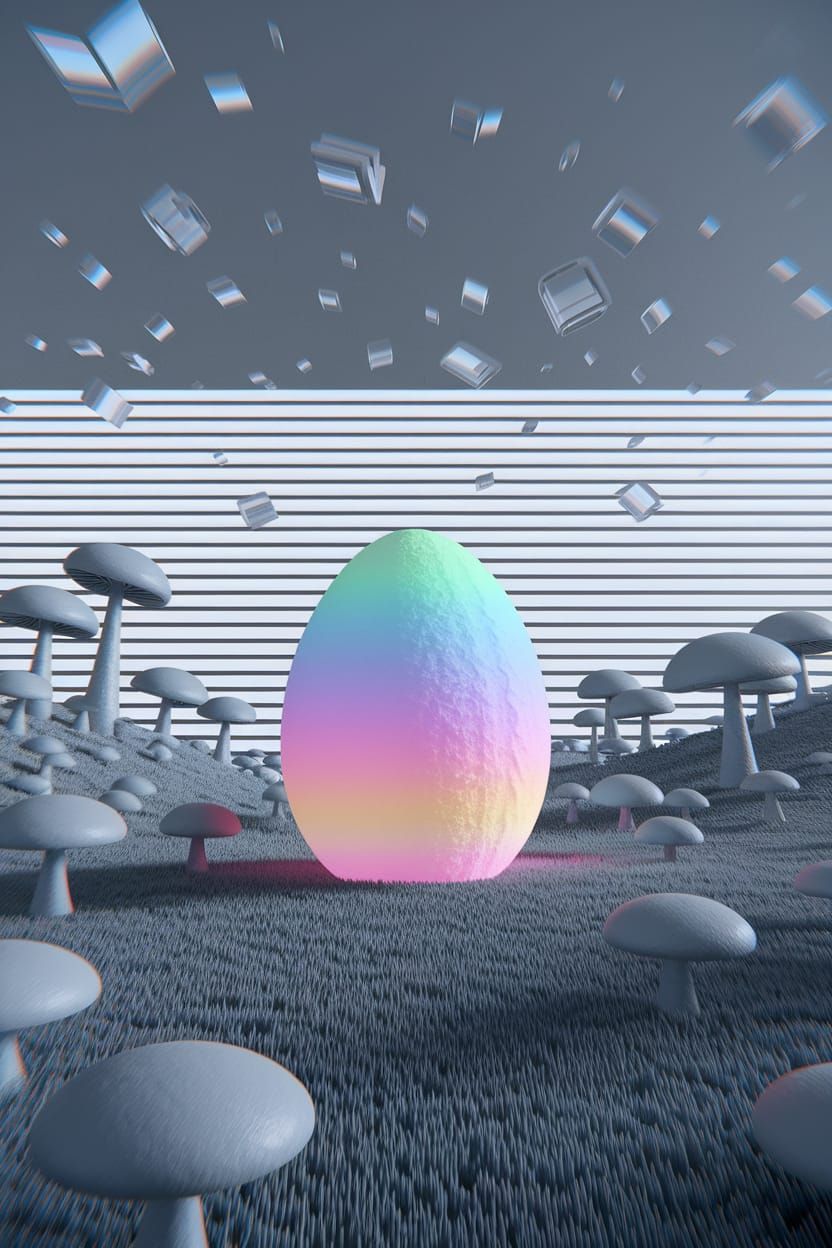 Glowing Easter Egg Amidst Surreal Landscape in Dreamy Pastel...