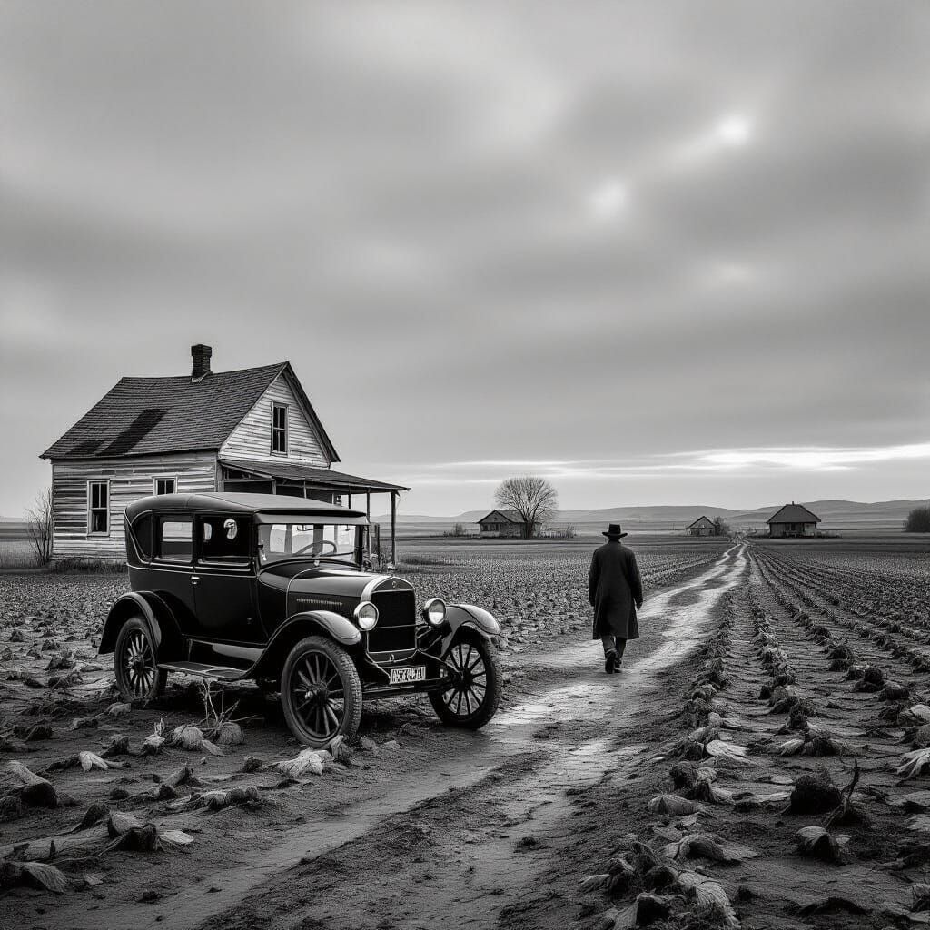 Dust Bowl Scene with Model T Car