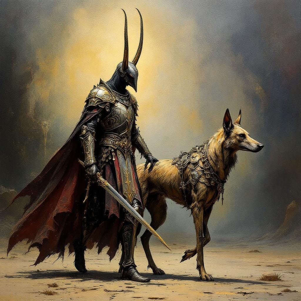 Anubis in Templar Armor with War Hound, Surrealist Oil Paint...