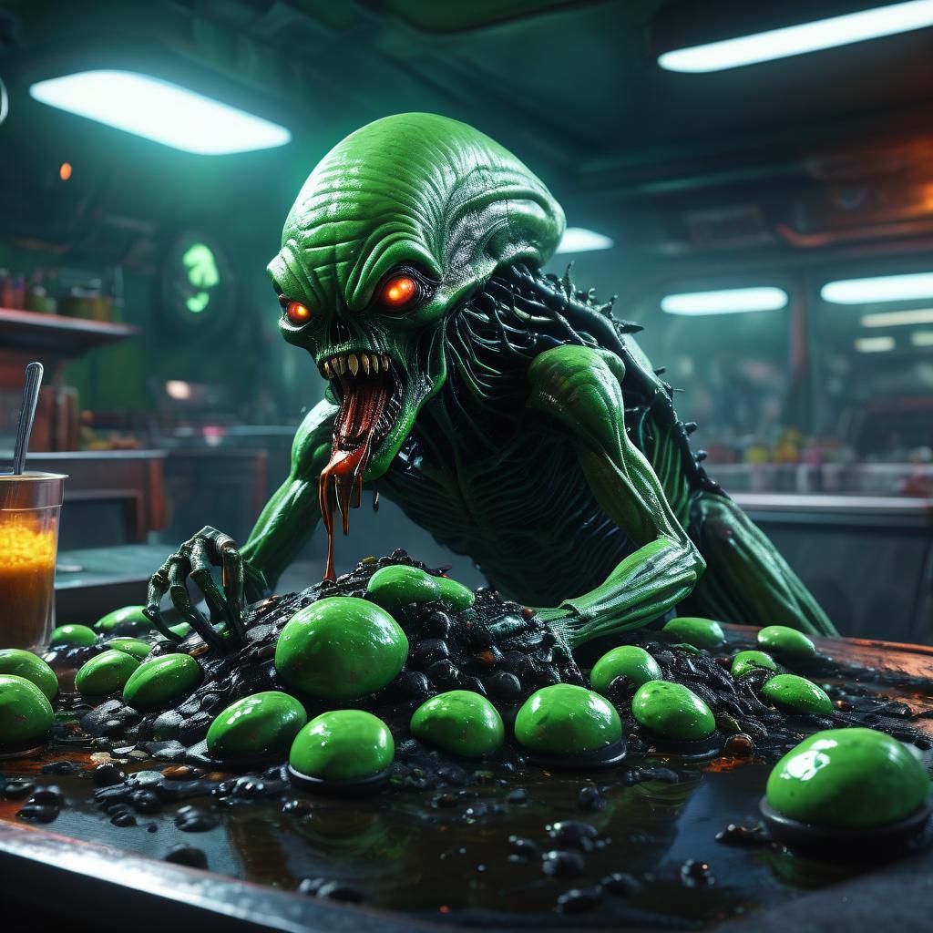 Alien Shadows Feast in Space Diner: 3D Digital Art