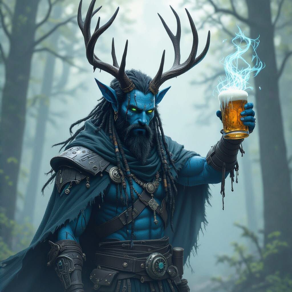 Cyberpunk Firbolg Druid Toasts with Ale Horn