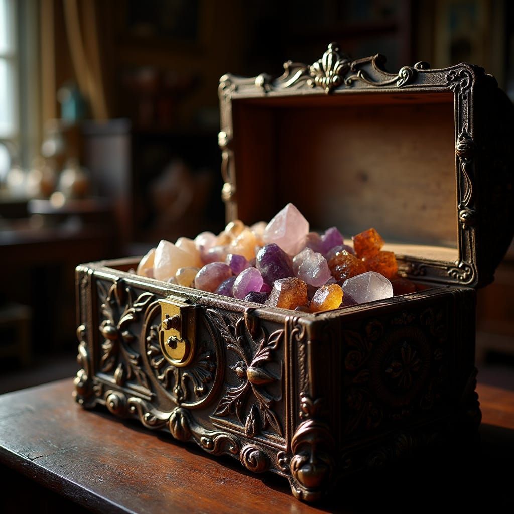 Antique Chest Filled with Natural Stones in a Warm, Golden G...