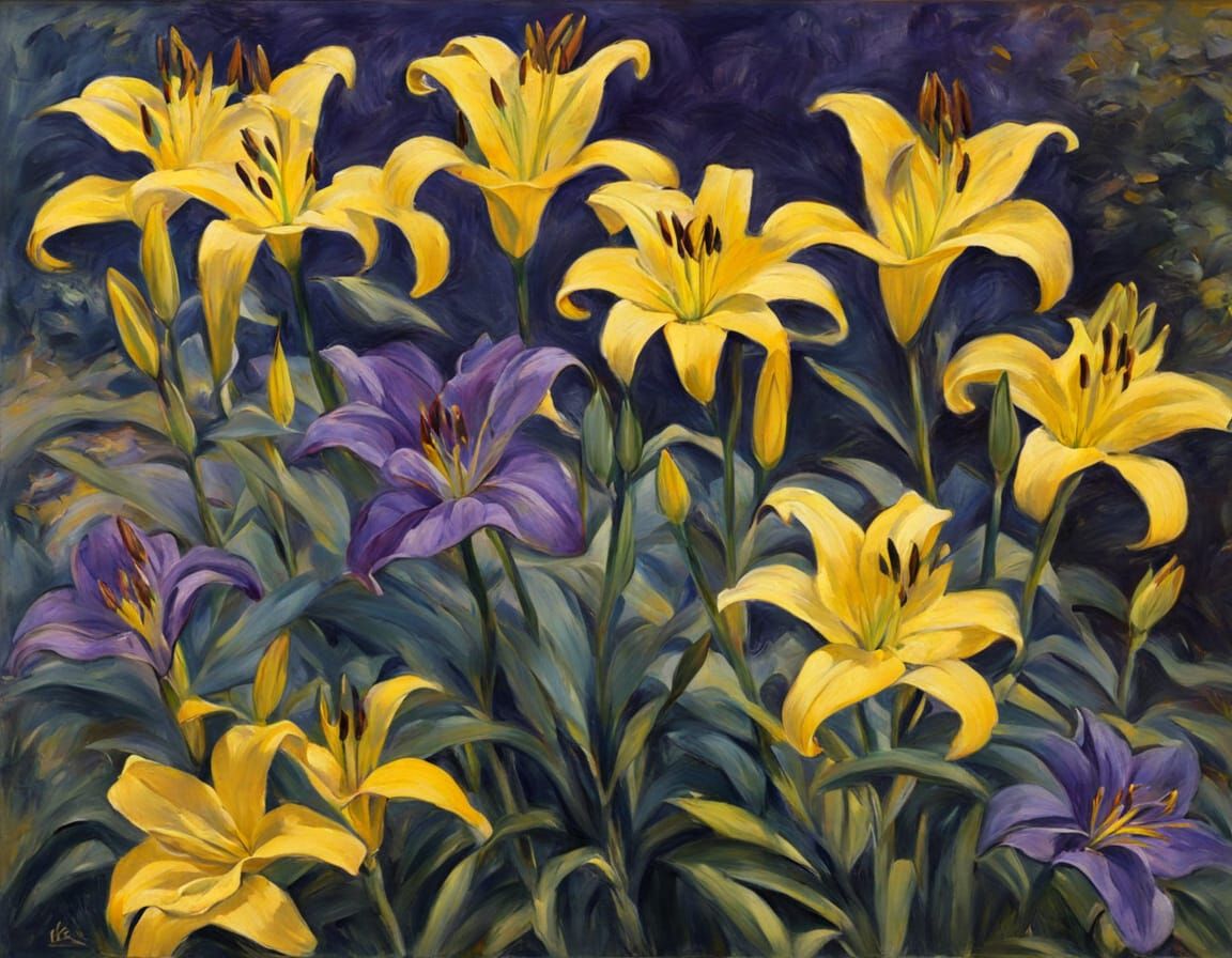 Lush Garden with Lilies: An Impressionist Oil Painting