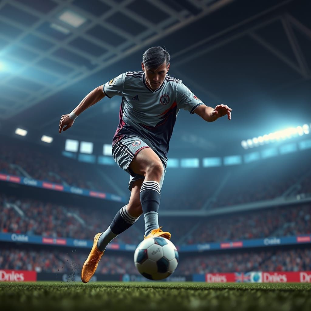 Soccer Player Kicks Ball in Futuristic Stadium