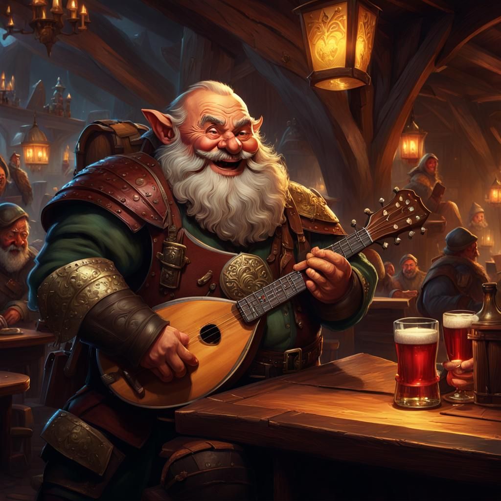 Laughing Dwarf Plays Mandolin in Fantasy Tavern