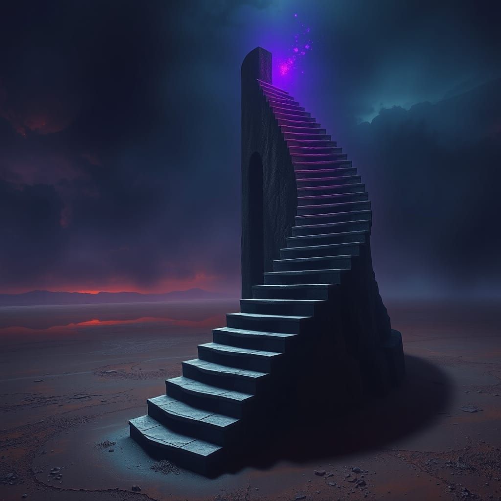 Eerie Desert Staircase in Dark, Cosmic Horror Style