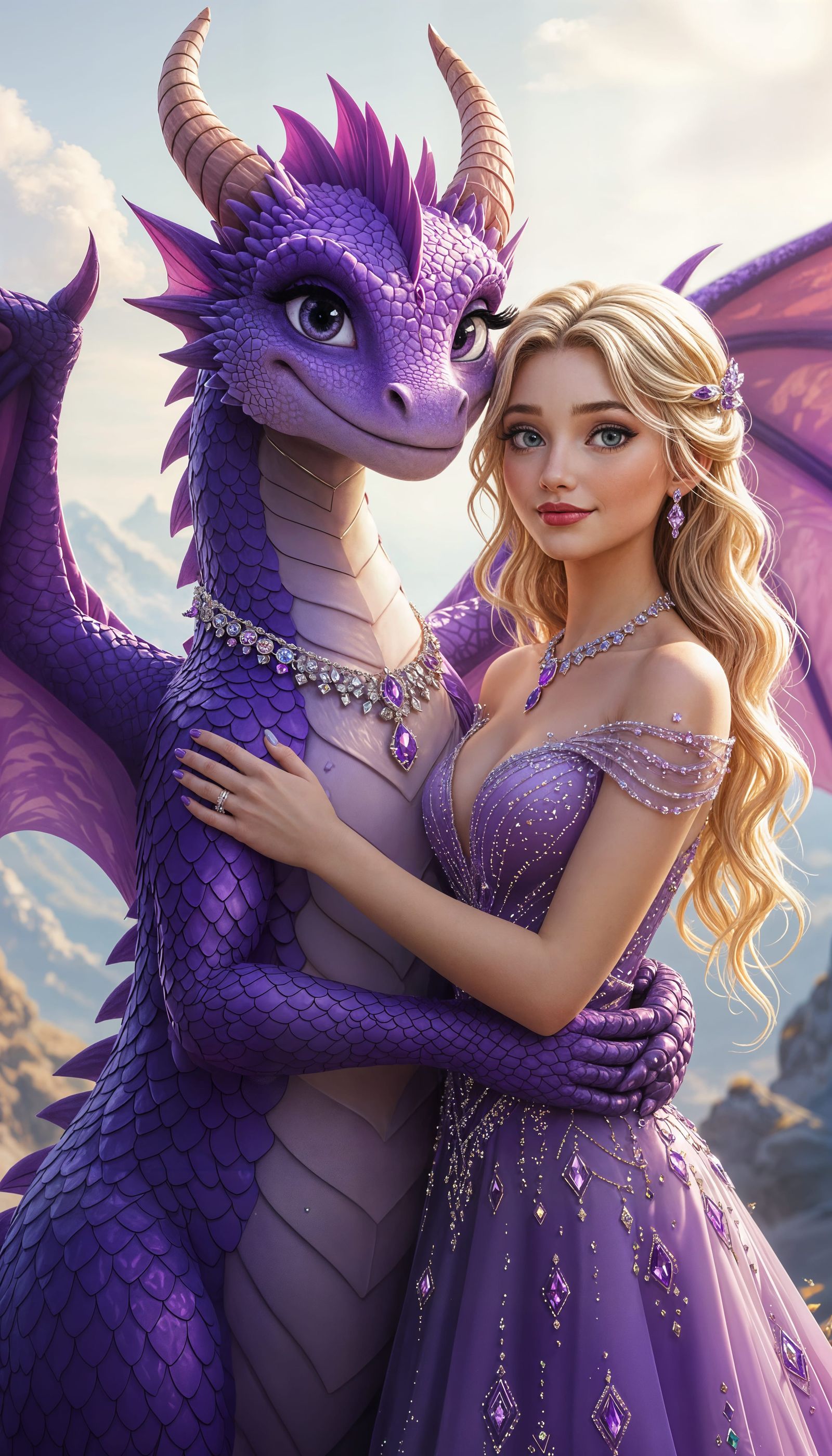 Happy Purple Dragon Hugs Blonde Woman in Gem Dresses