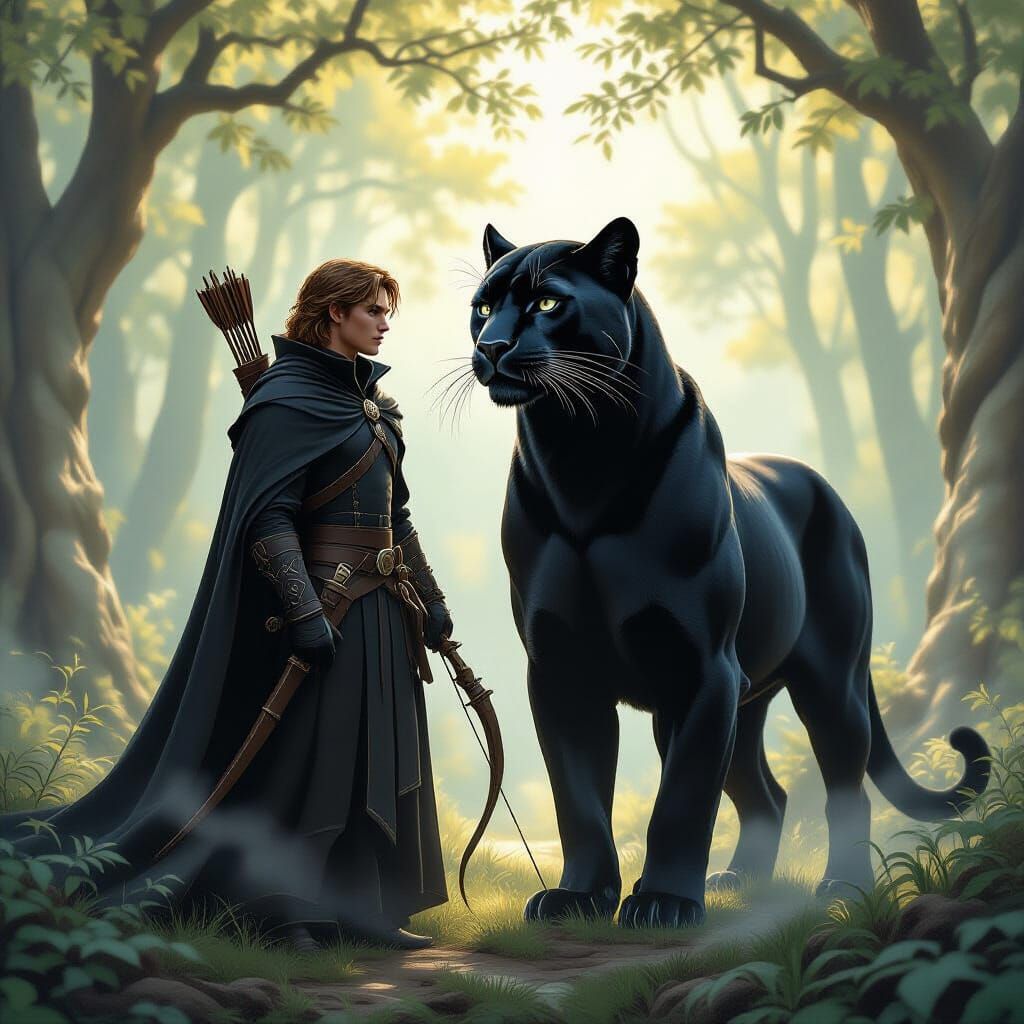 Ranger and Black Panther in Misty Forest Clearing