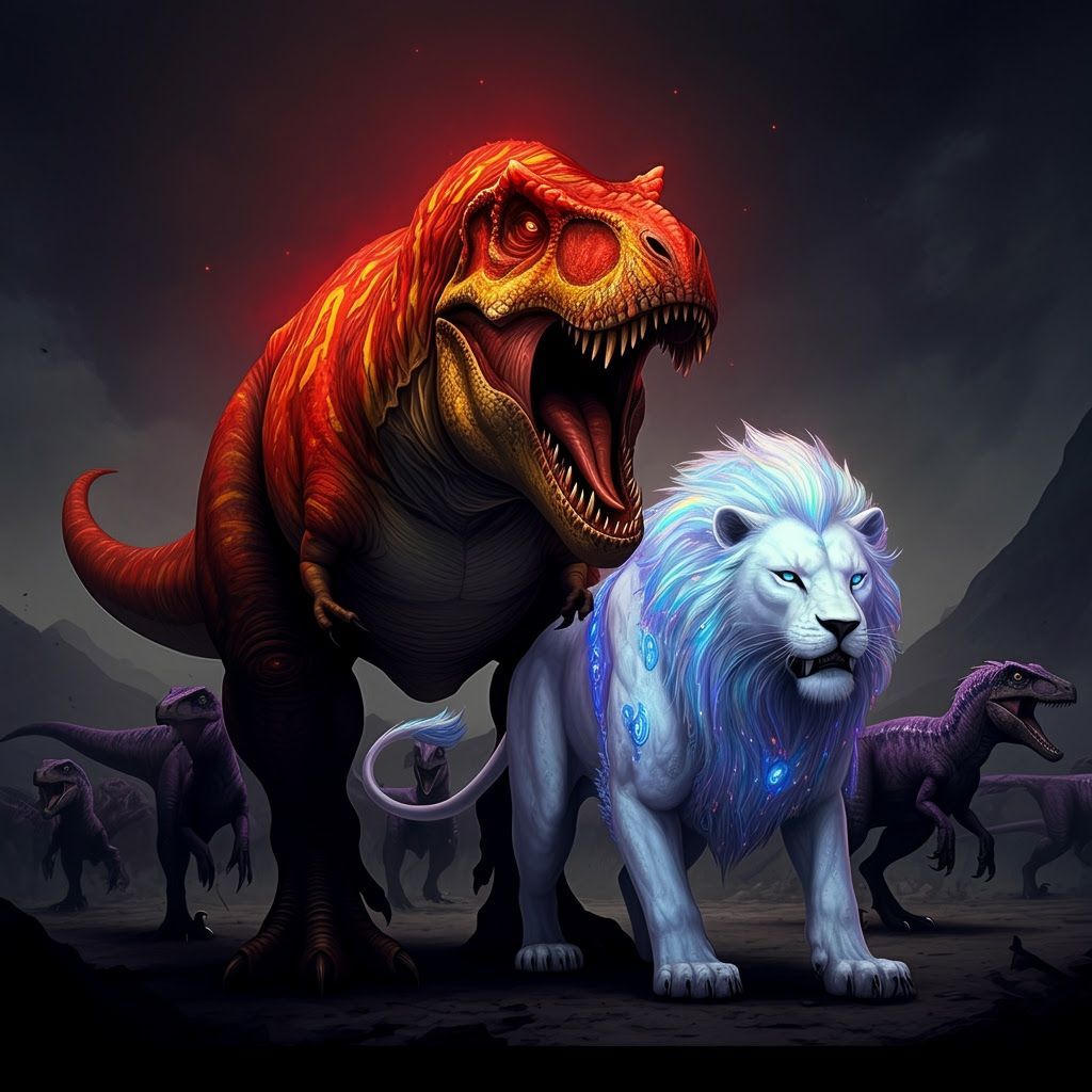 Tyrannosaurus Rex and Celestial Lion Face Raptors
