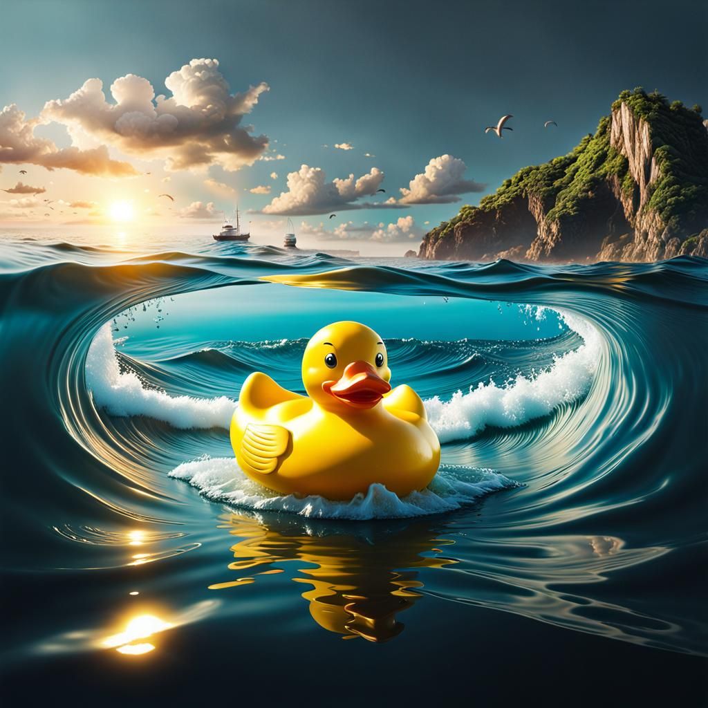Grotesque Rubber Duck in Hyperrealistic Fantasy Landscape