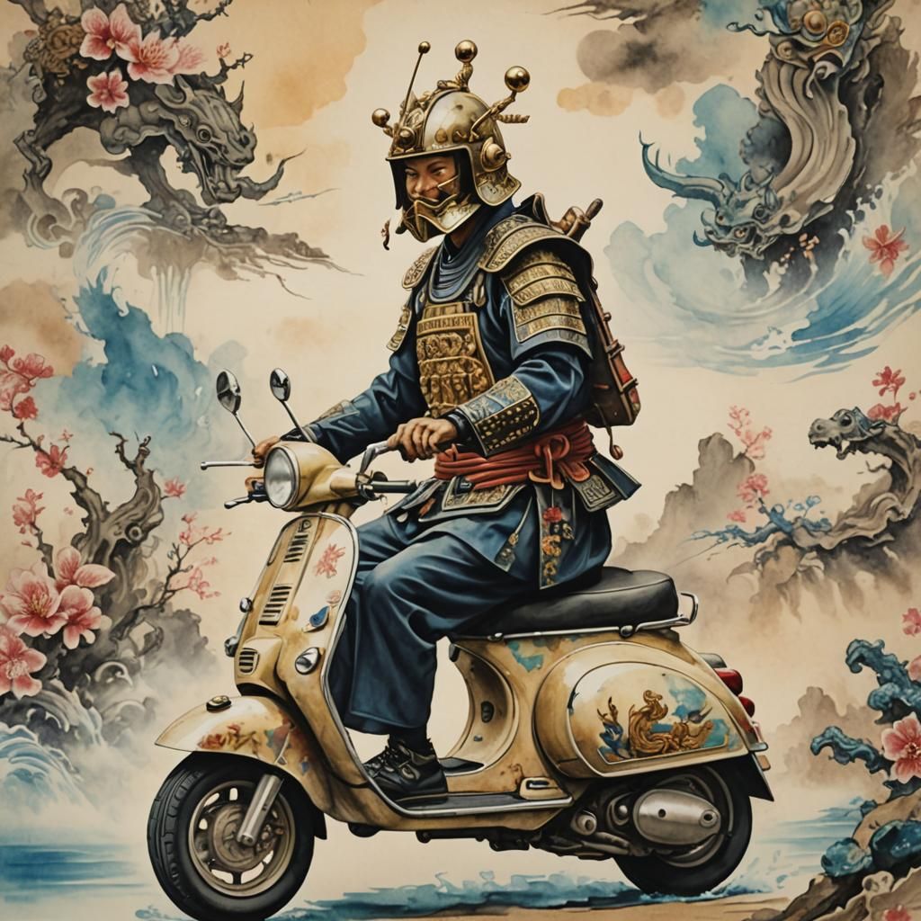 Samurai Riding Vespa In A Ancient Water Colored Drawing