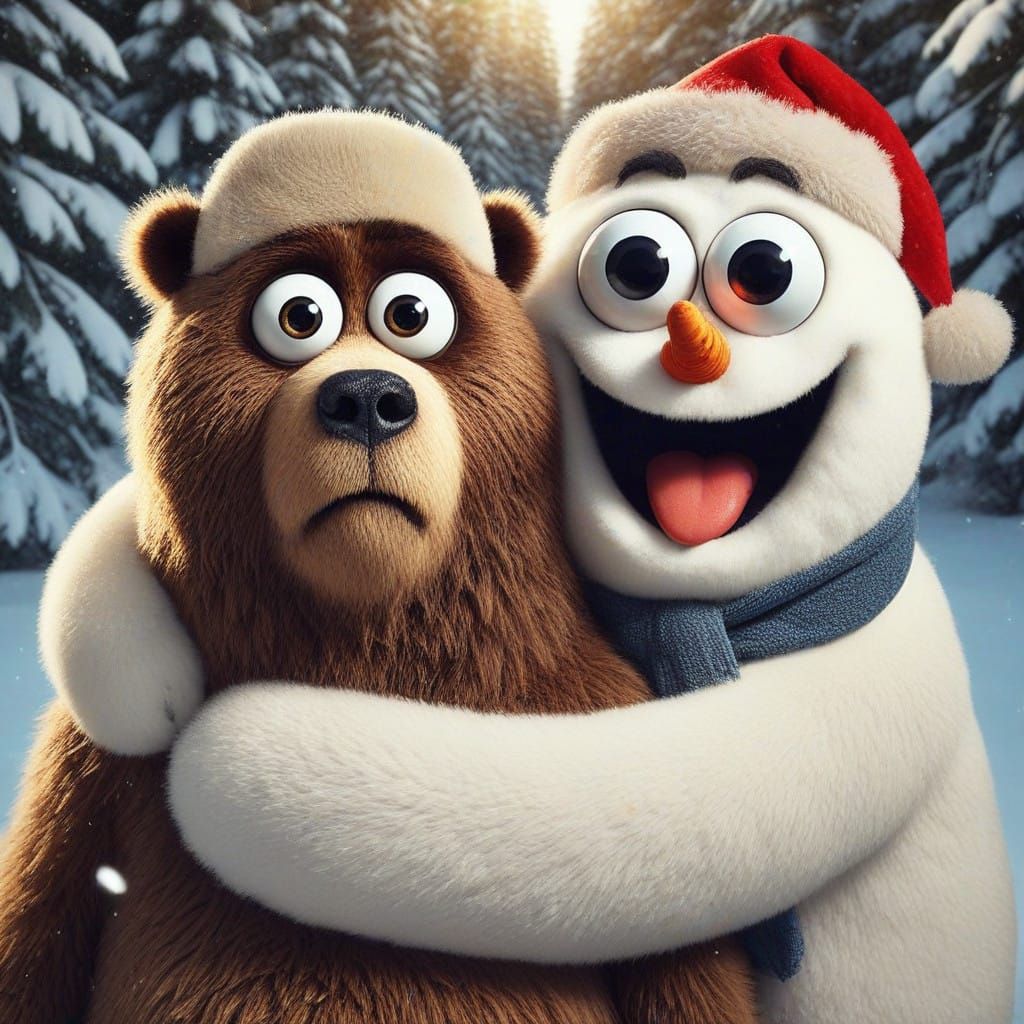 Bear-Snowman Embracing a Stoic Bear-Santa in Winter Wonderla...