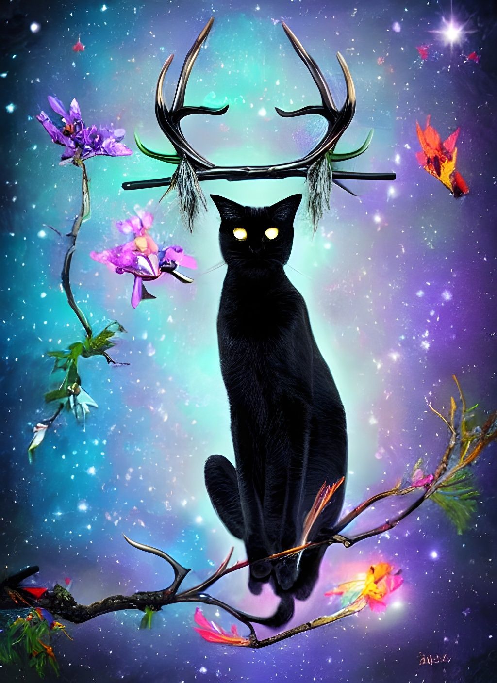 Cosmic Black Cat with Wings and Antlers