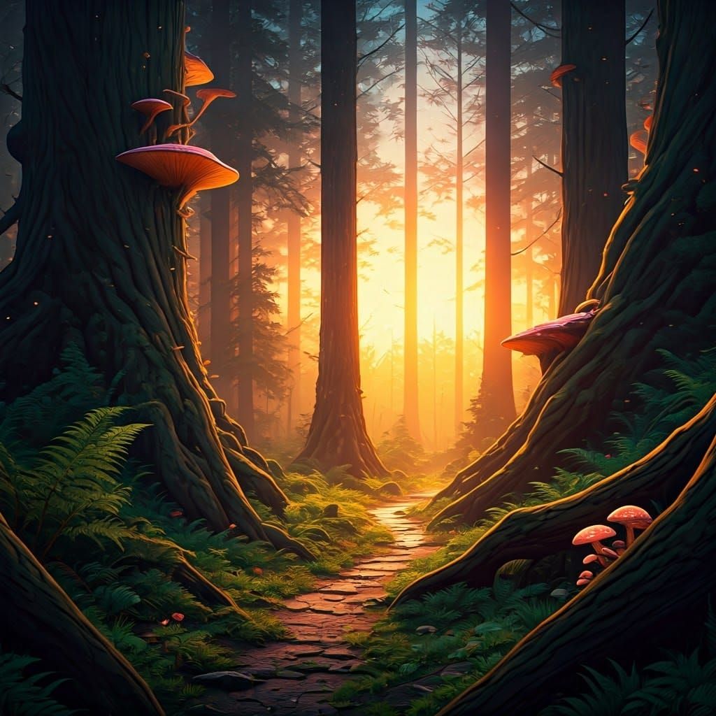 Mystical Forest Sunset in Digital Matte Painting