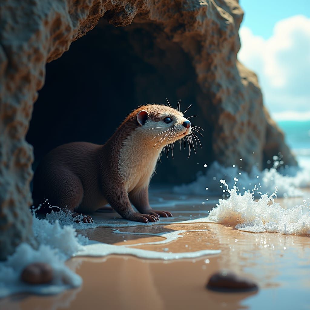Otter Peeking Through Cave on Beach