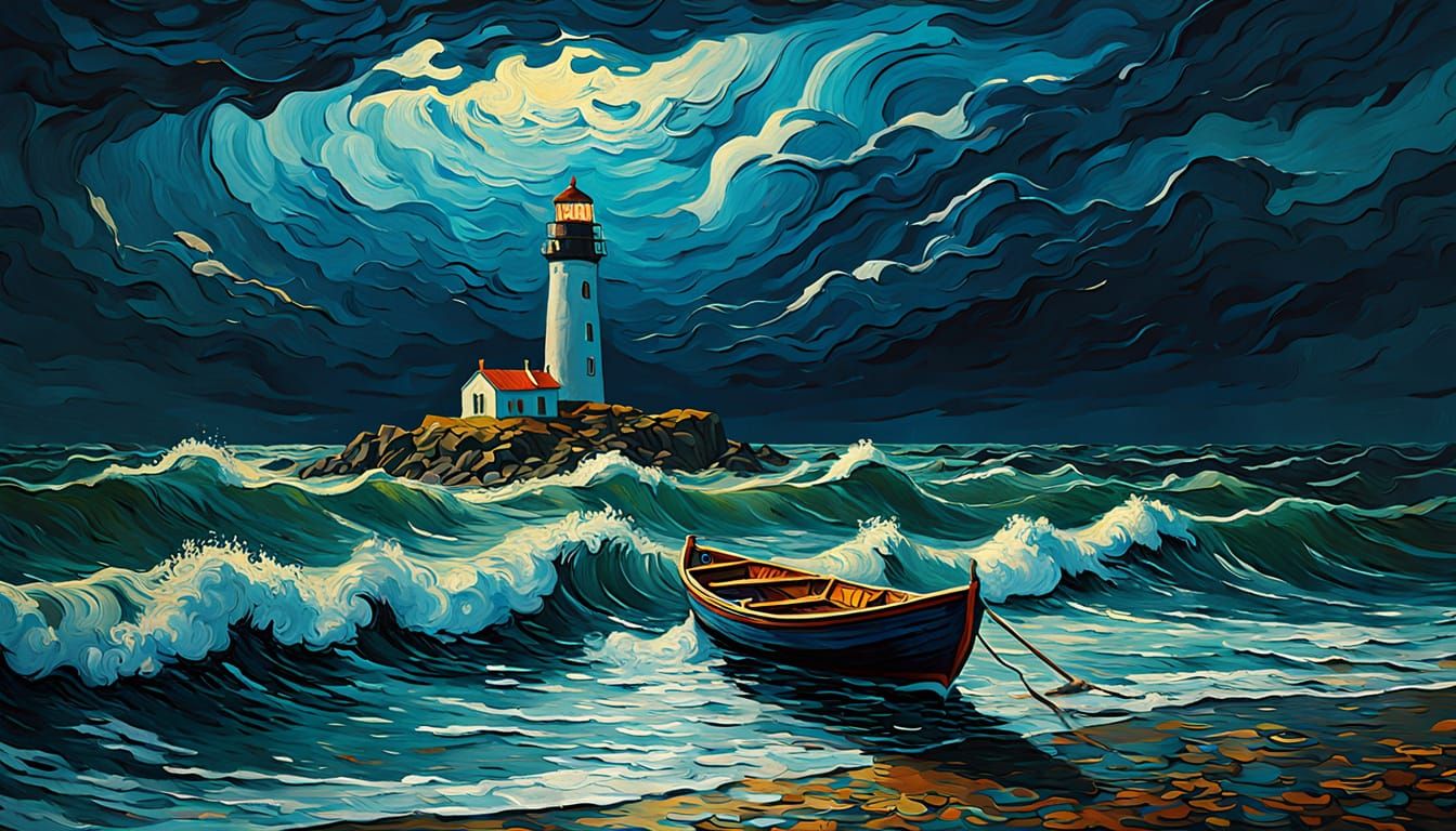 Man in Rowboat Under Stormy Sky, Van Gogh Style