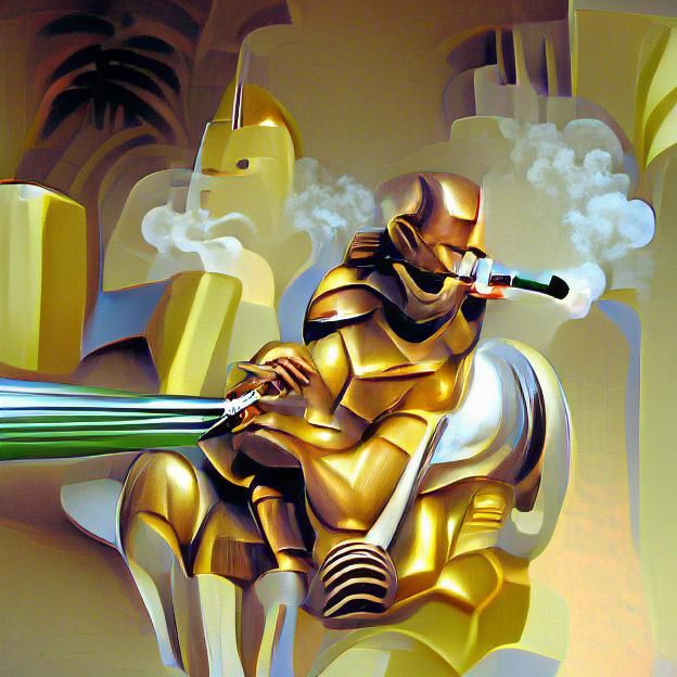 Futuristic Knight Smoking a Golden Pipe in Art Deco
