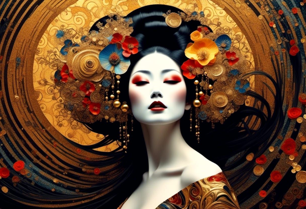 Golden Geisha Portrait in Klimt Vienna Secession Style