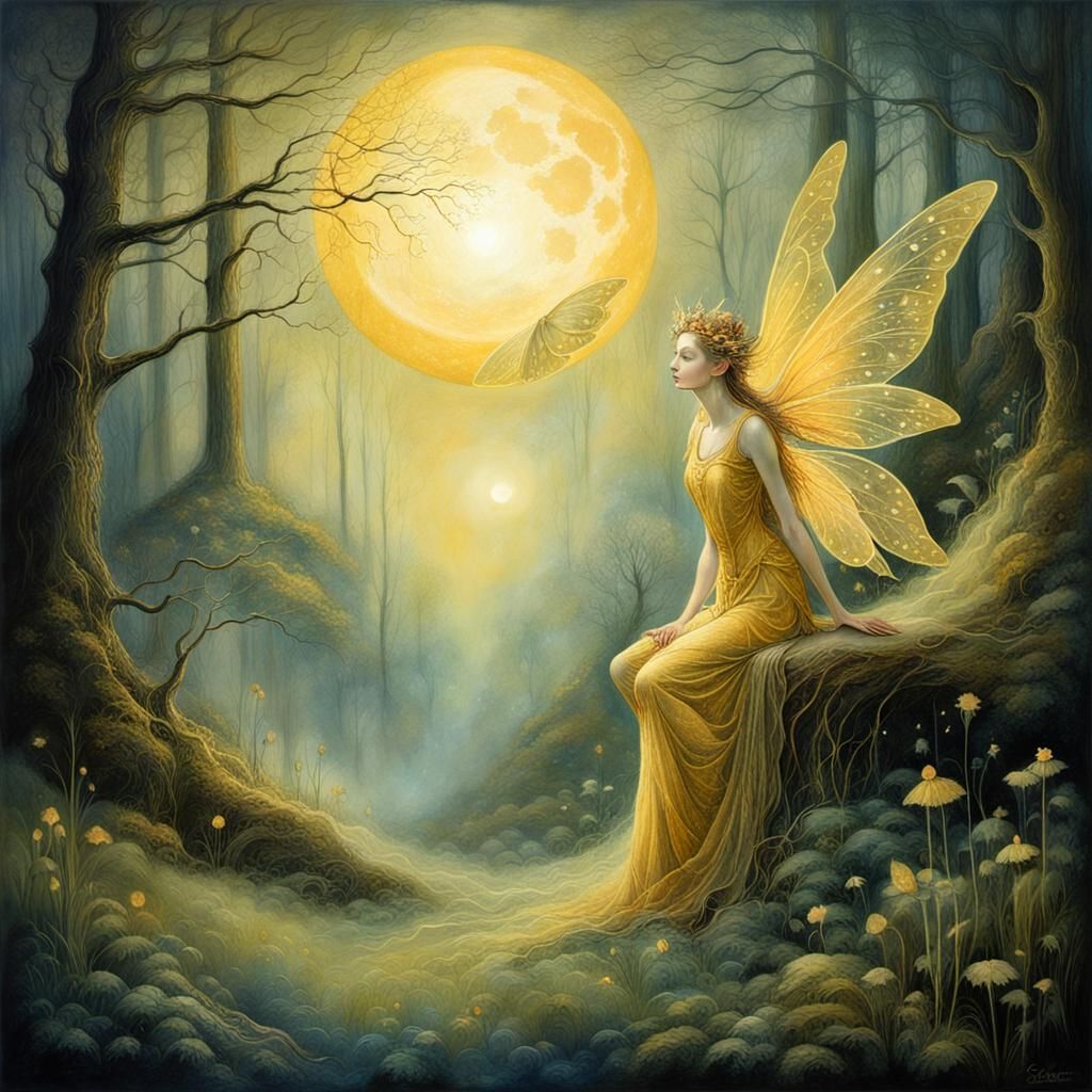 Golden Fairy in Moonlight Oil Painting