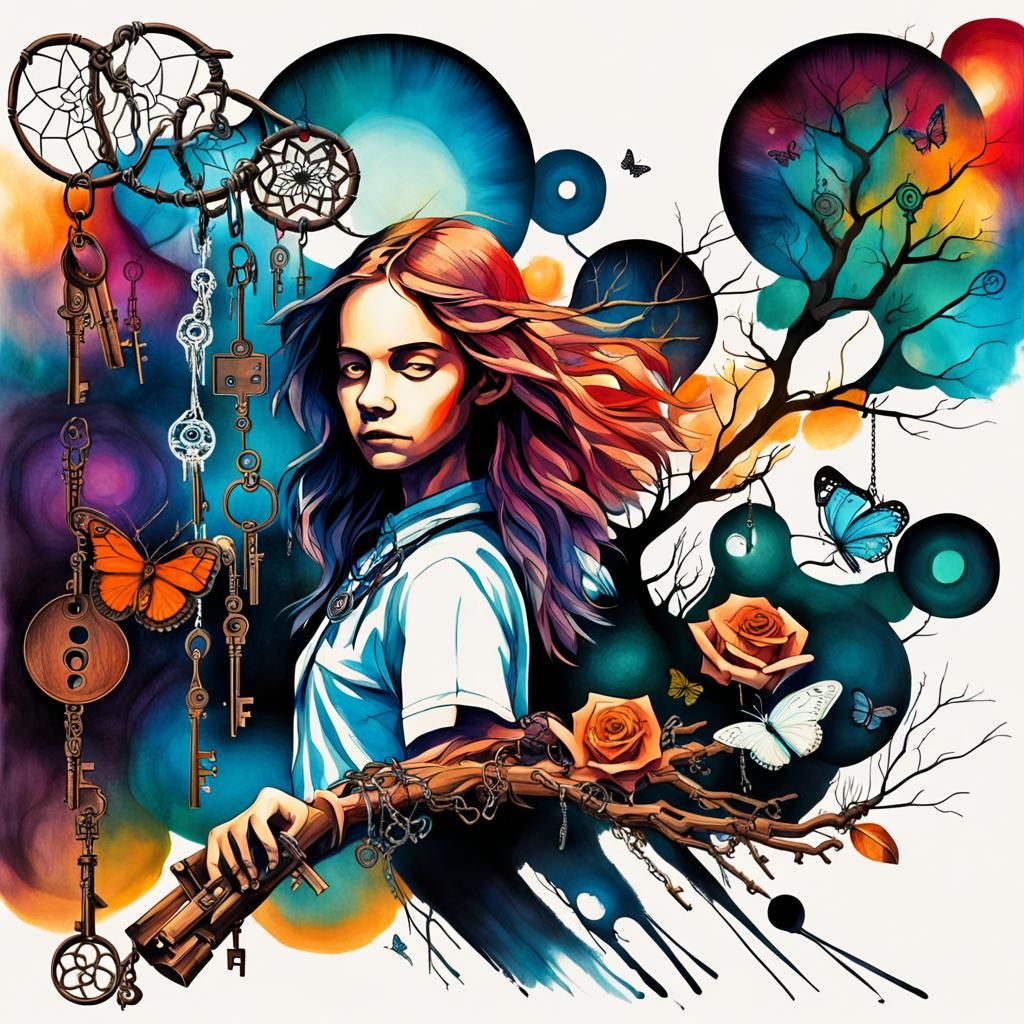 Surreal Dreamcatcher with Keys, Rainbow, and Butterflies