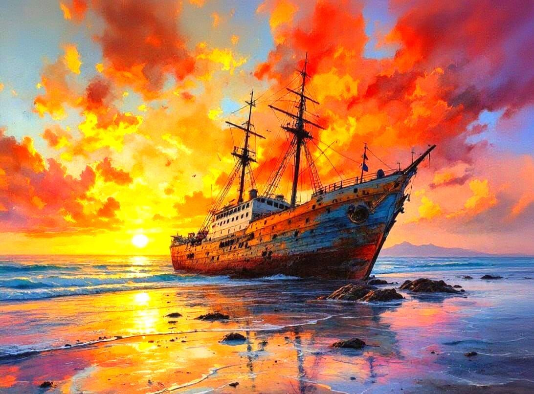 Shipwreck at Sunset: Watercolor Beach Scene