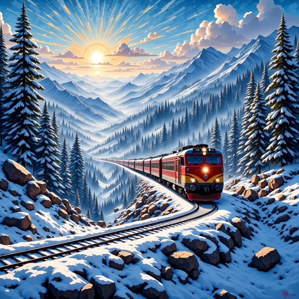 Snowy Karst Mountain Train Ride with Tile Sun