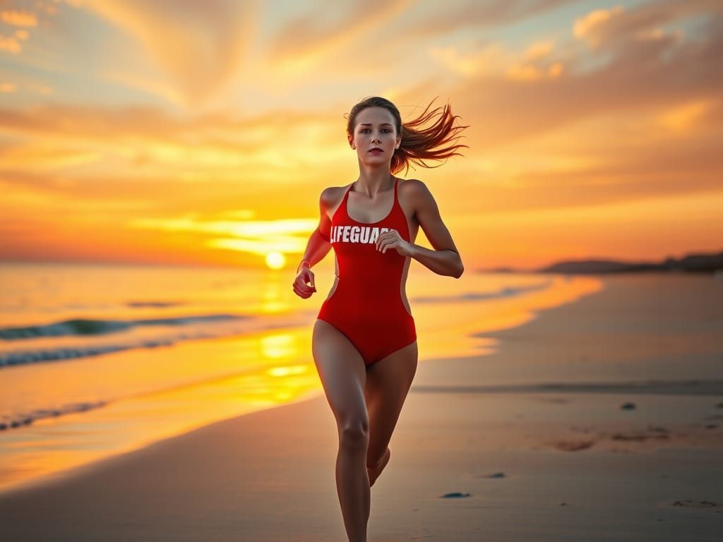 Lifeguard Running on Beach at Sunset in Hyperrealistic Style